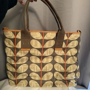 ORLA KIELY Leaf Stem Print Canvas Large Tote Handbag Purse Brown Beige Orange